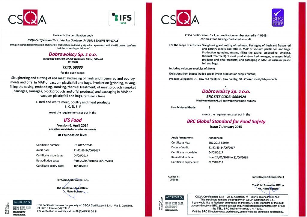 Certyfikaty BRC i IFS
